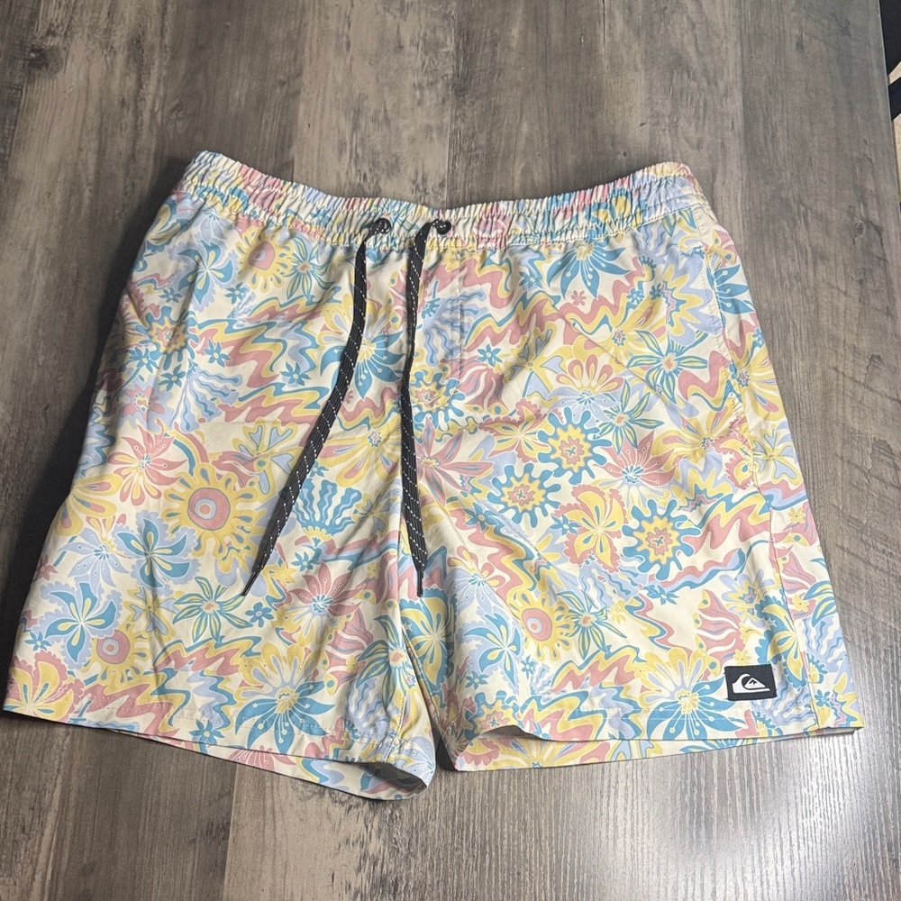 Quiksilver Men’s Pastel Floral Wave Swim Trunks - Blue, Yellow, Pink